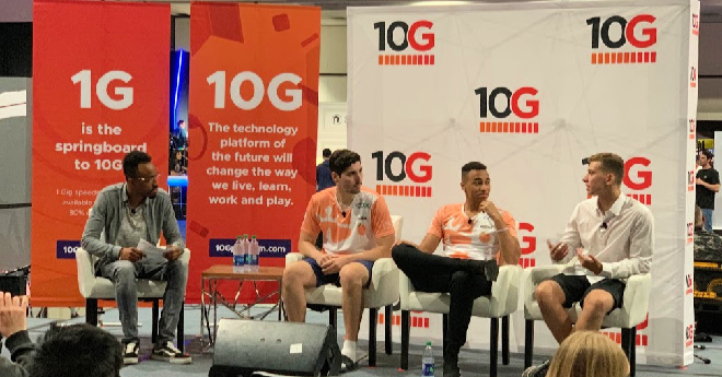Atlanta Reign players, Gator and Kodak, and coach, Casores, speak on a panel moderated by Malik Forte at ESA's E3 2019.